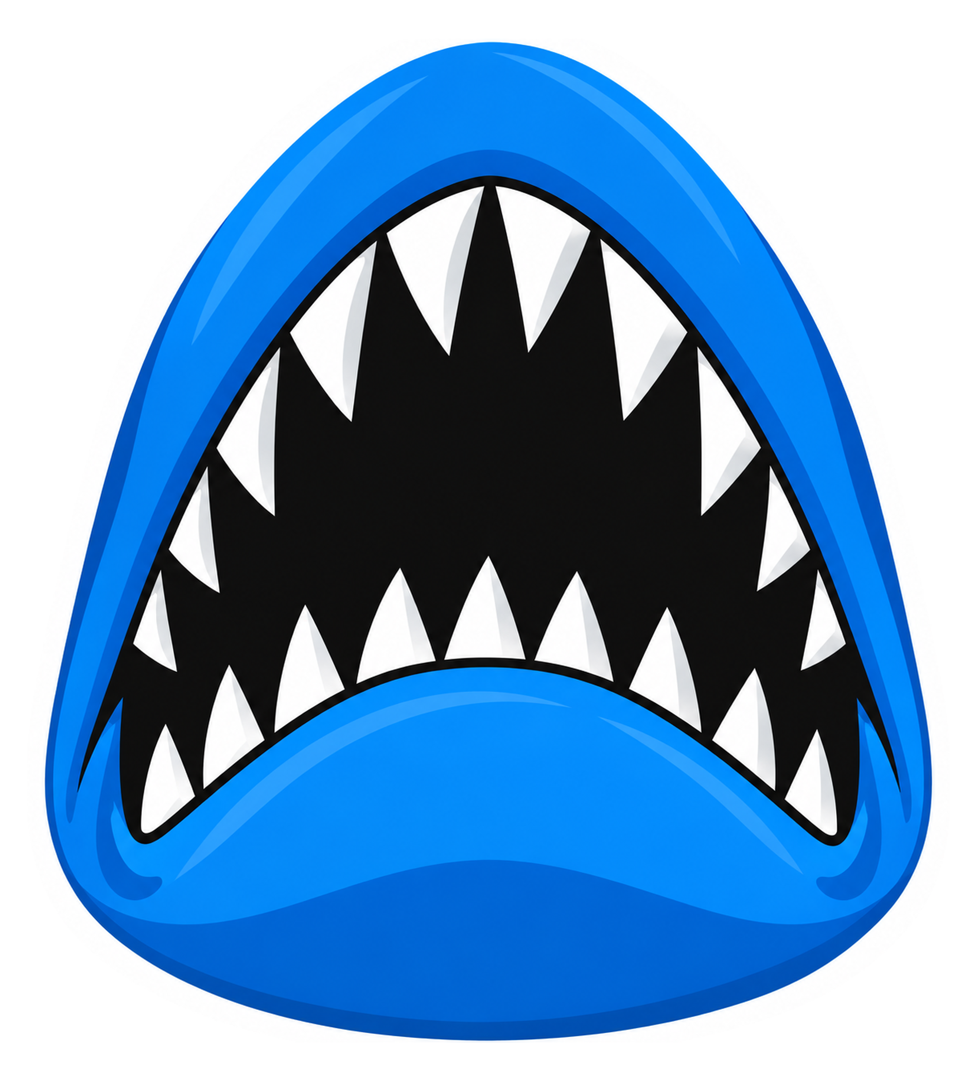 Blue cartoon shark mouth wide open with rows of white teeth, kiss cut sticker with a thick white border