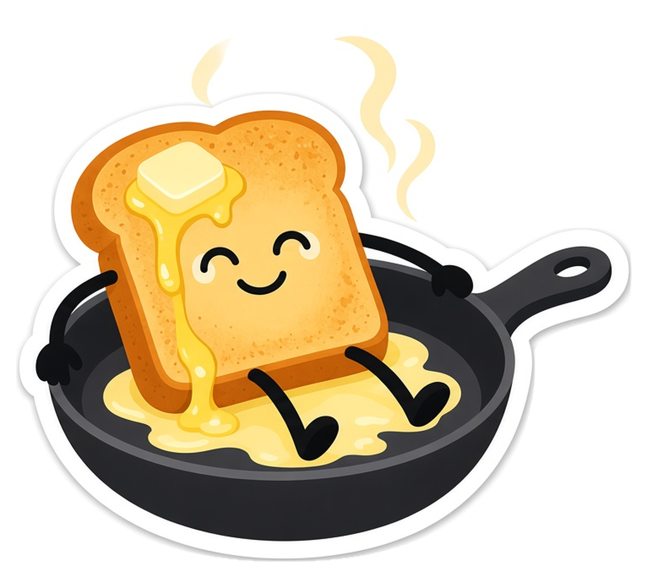 Relaxed cartoon toast in a frying pan with melting butter and wisps of steam