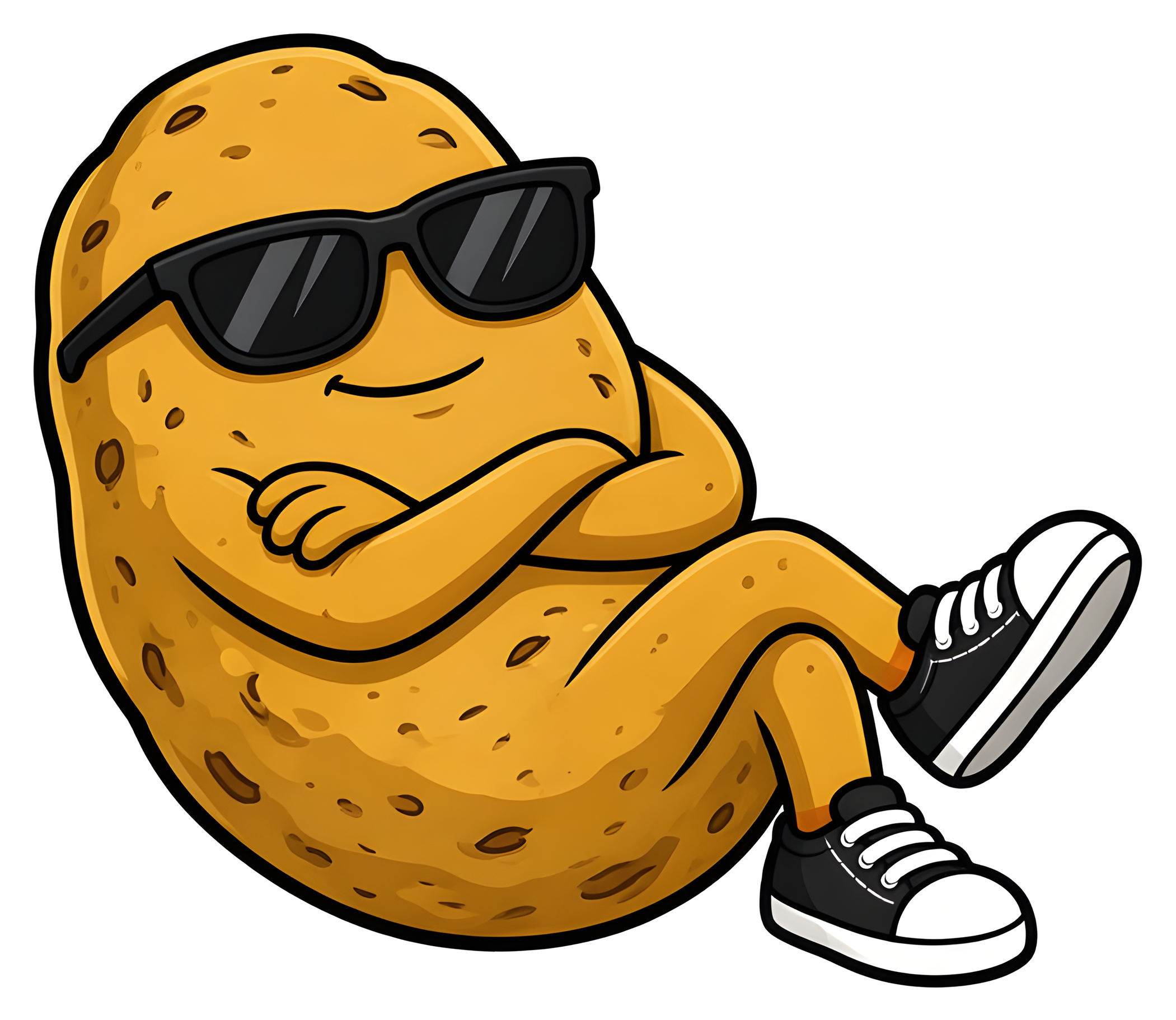 Golden cartoon potato in black sunglasses leaning back with a smug smile, arms crossed and one leg crossed over the other in black and white sneakers, kiss cut sticker with a white border