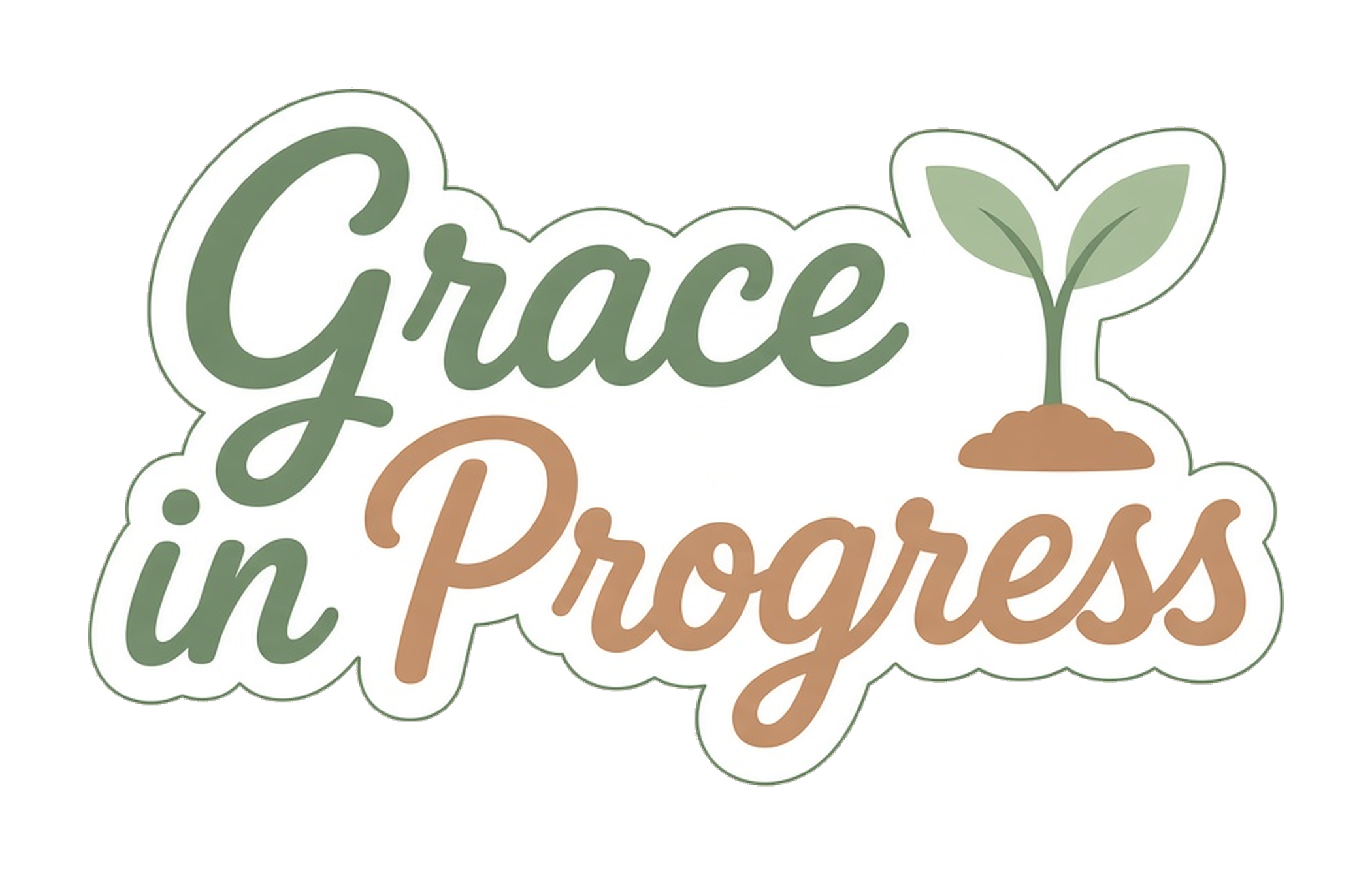 Grace in Progress text with a sprouting plant illustration