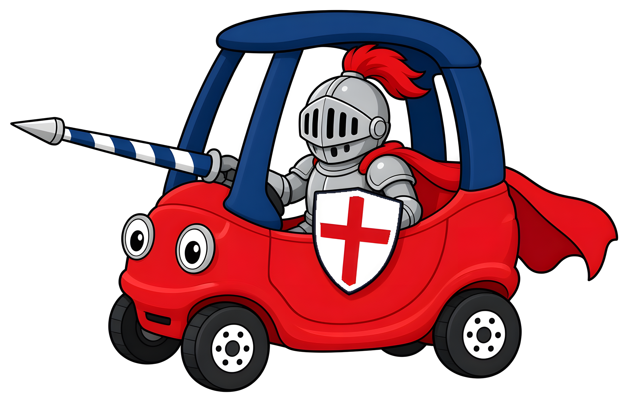 Cartoon knight in silver armor with a red cape and red-cross shield, driving a red ride-on toy car with a navy roof and leveling a navy and white striped lance, kiss cut sticker
