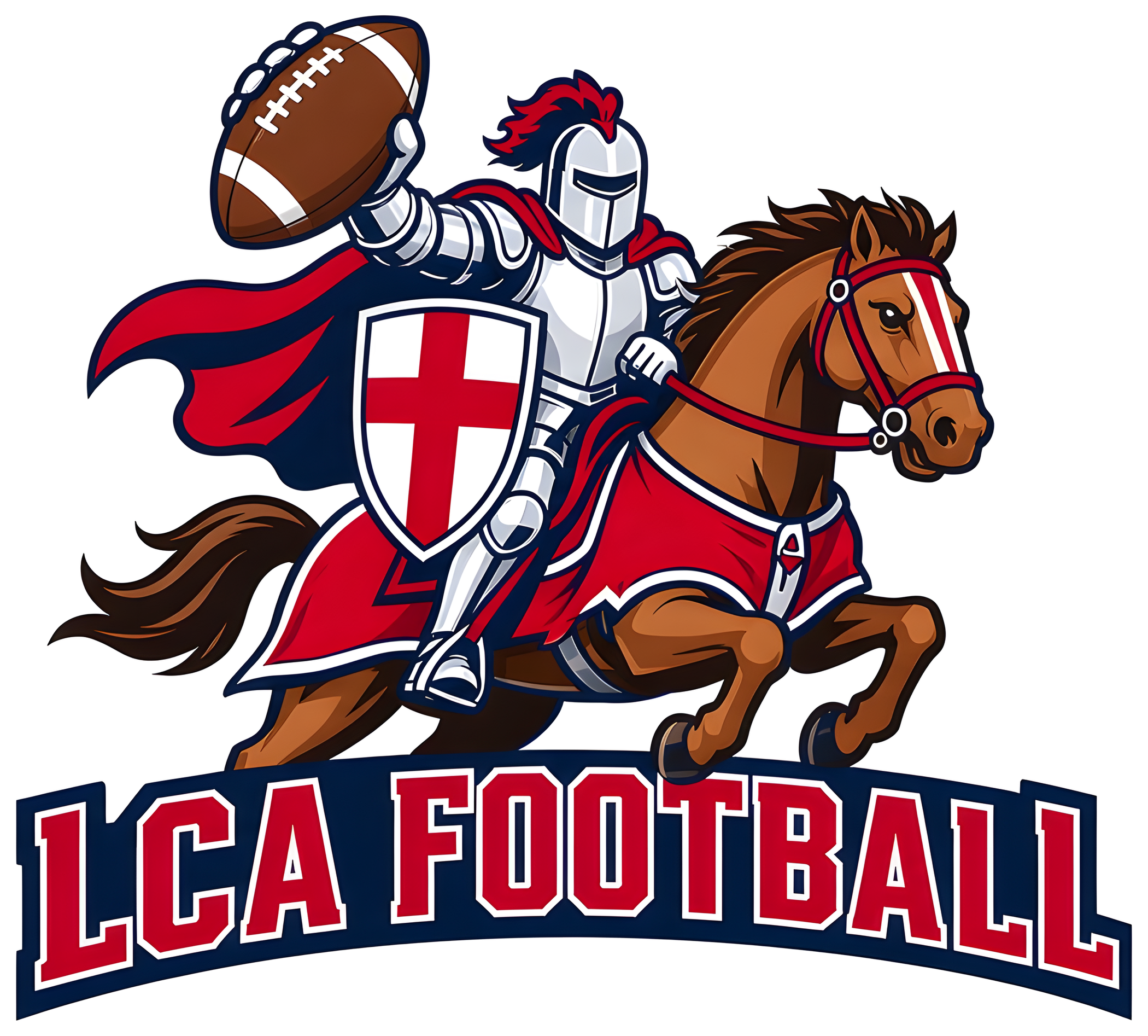 Knight in silver armor with a red cape and red cross shield riding a brown horse and holding up a football over an LCA FOOTBALL banner, kiss cut sticker with a white border