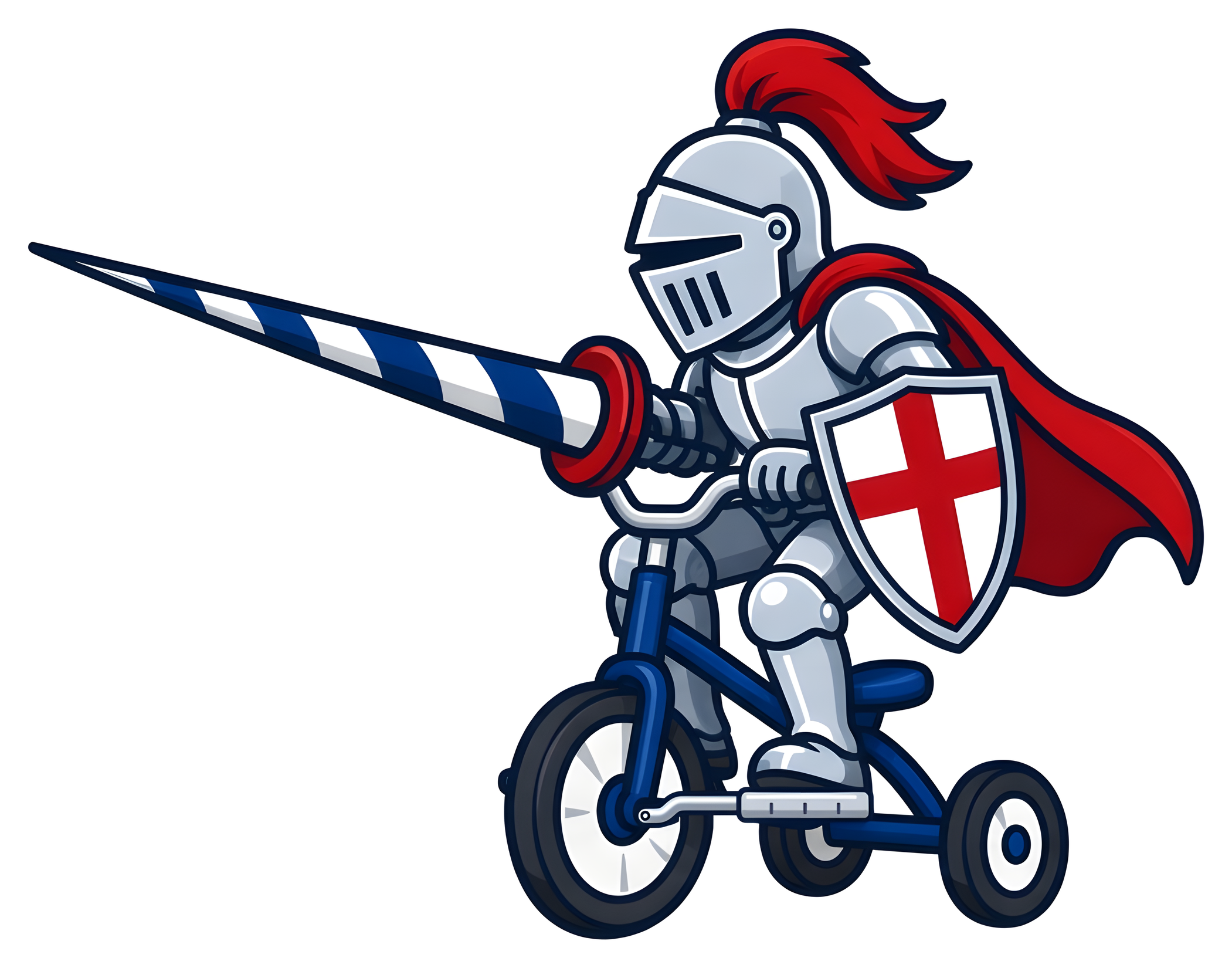 Cartoon knight in LCA navy red and white armor standing on the pedals of a tiny navy tricycle, charging with a spiral lance and red-cross shield, kiss cut sticker