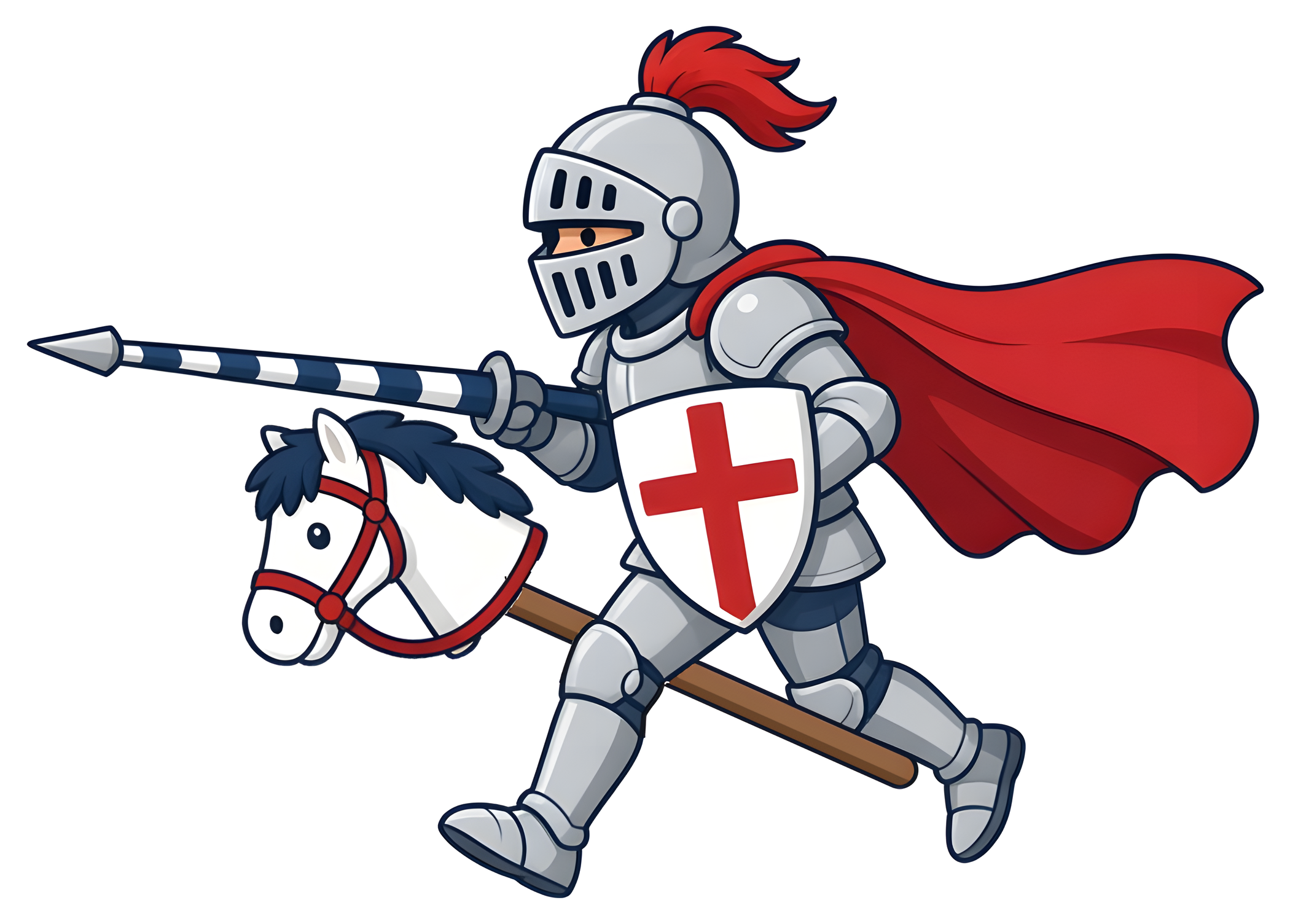Cartoon knight in silver armor with a red cape and red-cross shield, riding a white stick pony with a red bridle and leveling a navy and white striped lance, kiss cut sticker
