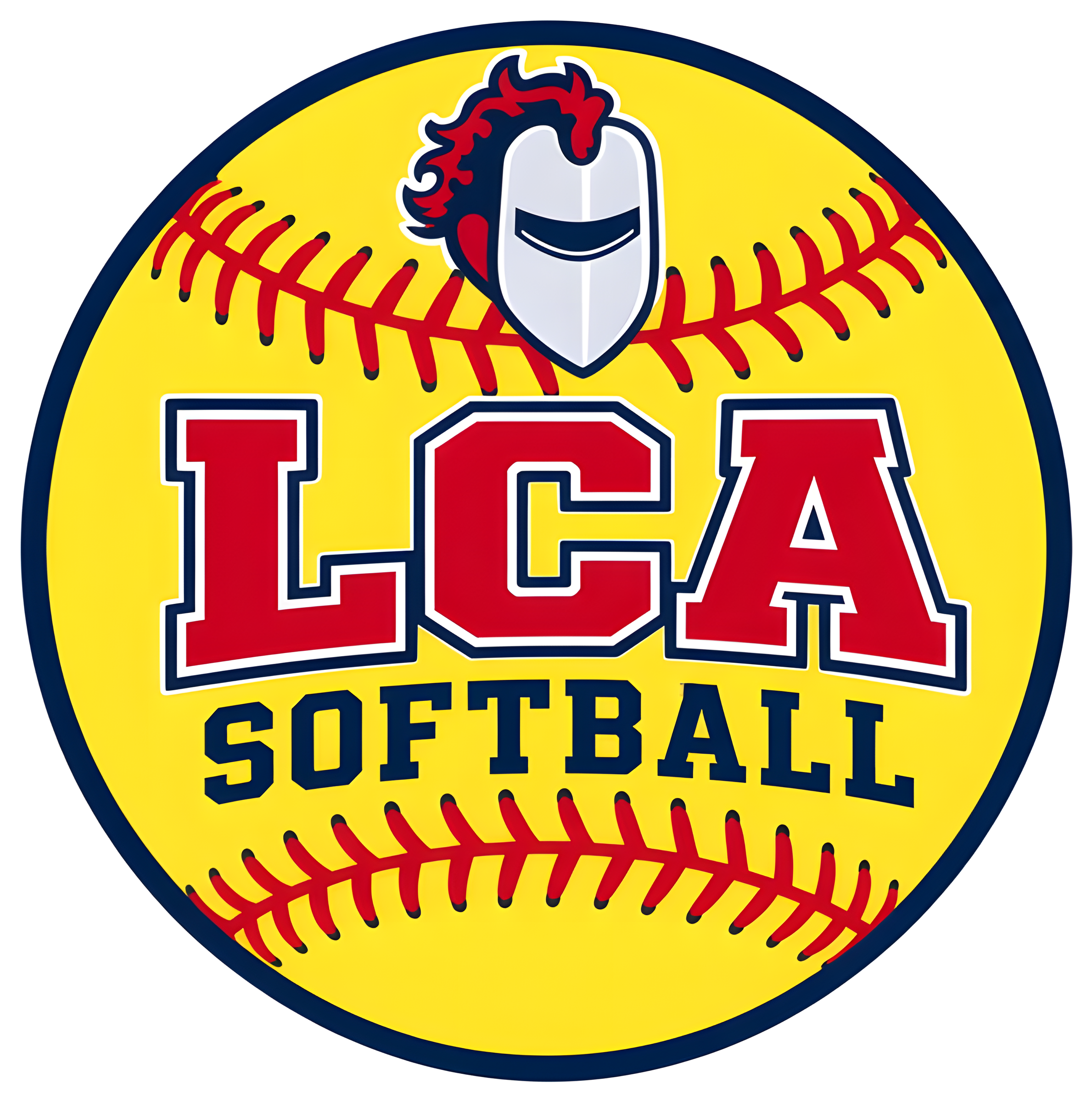 Yellow softball with red stitching, a knight helmet and LCA SOFTBALL in red and navy, kiss cut sticker with a white border