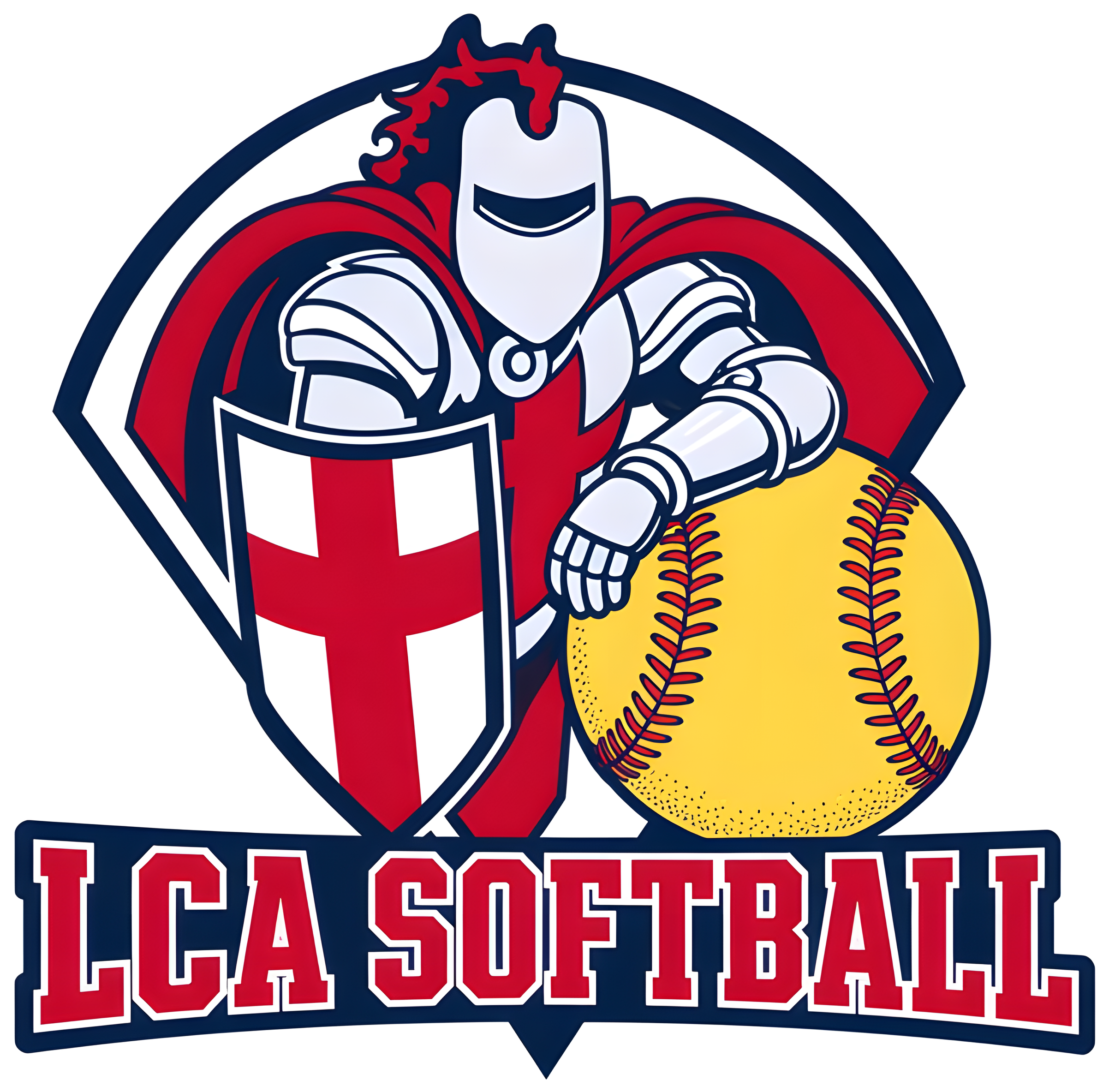 Knight in silver armor with a red cape and red cross shield leaning on a giant softball over an LCA SOFTBALL banner, kiss cut sticker with a white border
