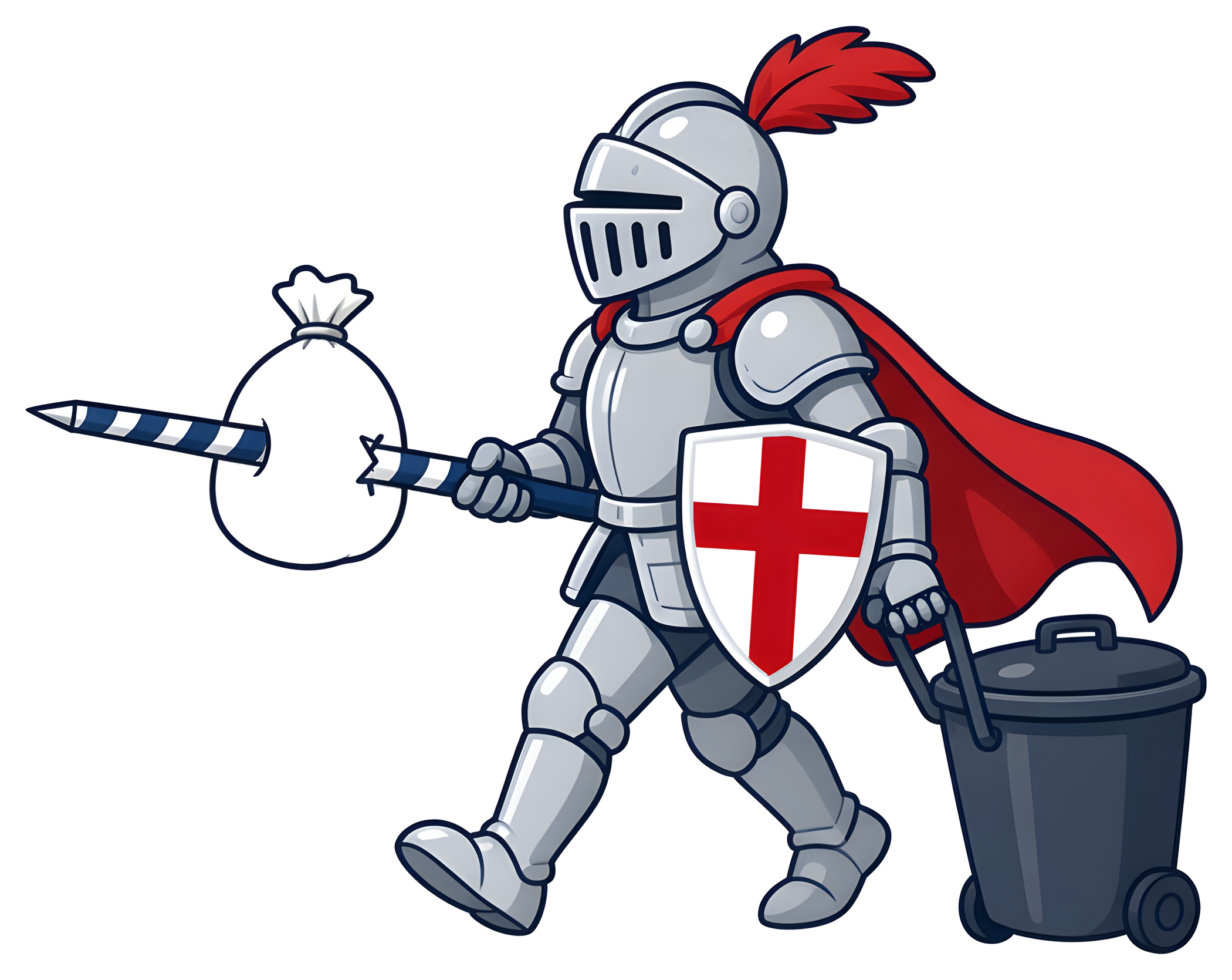 Cartoon knight in silver armor with a red cape and red-cross shield, spearing a white trash bag on a navy and white striped lance while pulling a wheeled trash can, kiss cut sticker