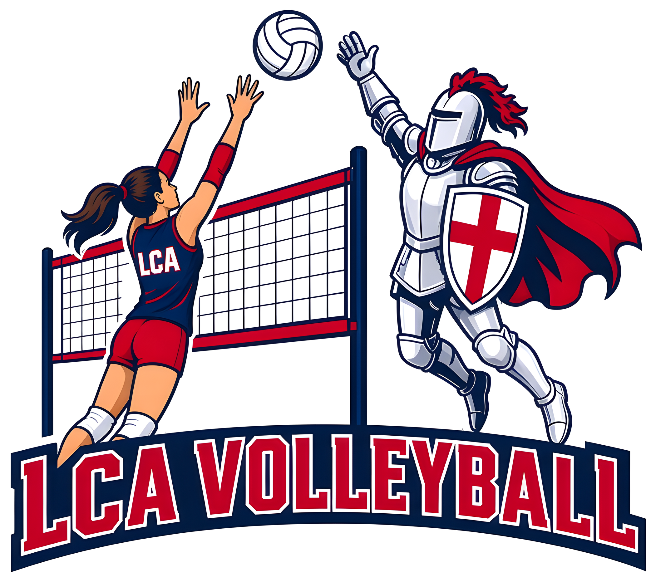 LCA volleyball player in a navy jersey and red shorts leaping to block while a knight in silver armor with a red cape and red cross shield spikes the ball over a navy and red net, above an LCA VOLLEYBALL banner, kiss cut sticker with a white border