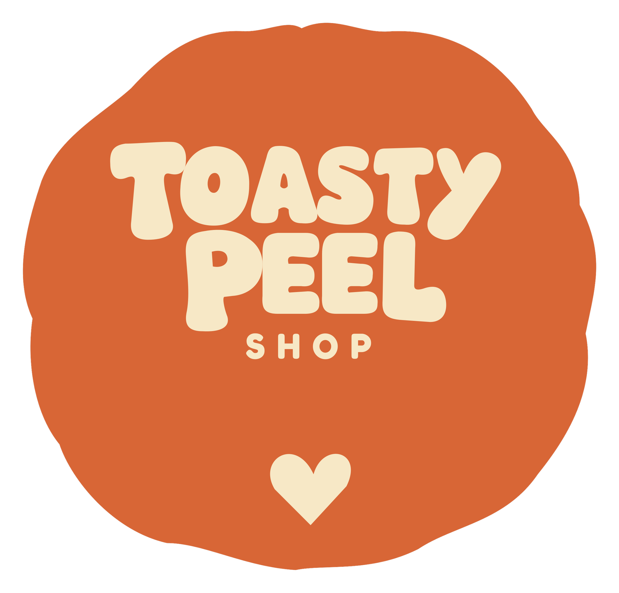 Orange organic-shaped Toasty Peel Shop submark with a heart.