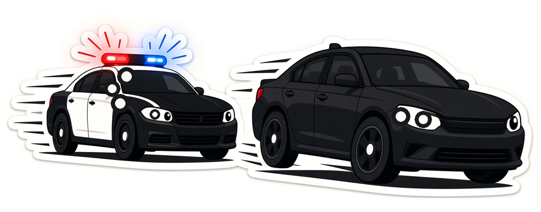 Playful cartoon police car chasing a dark sedan with roof lights on, kiss cut sticker