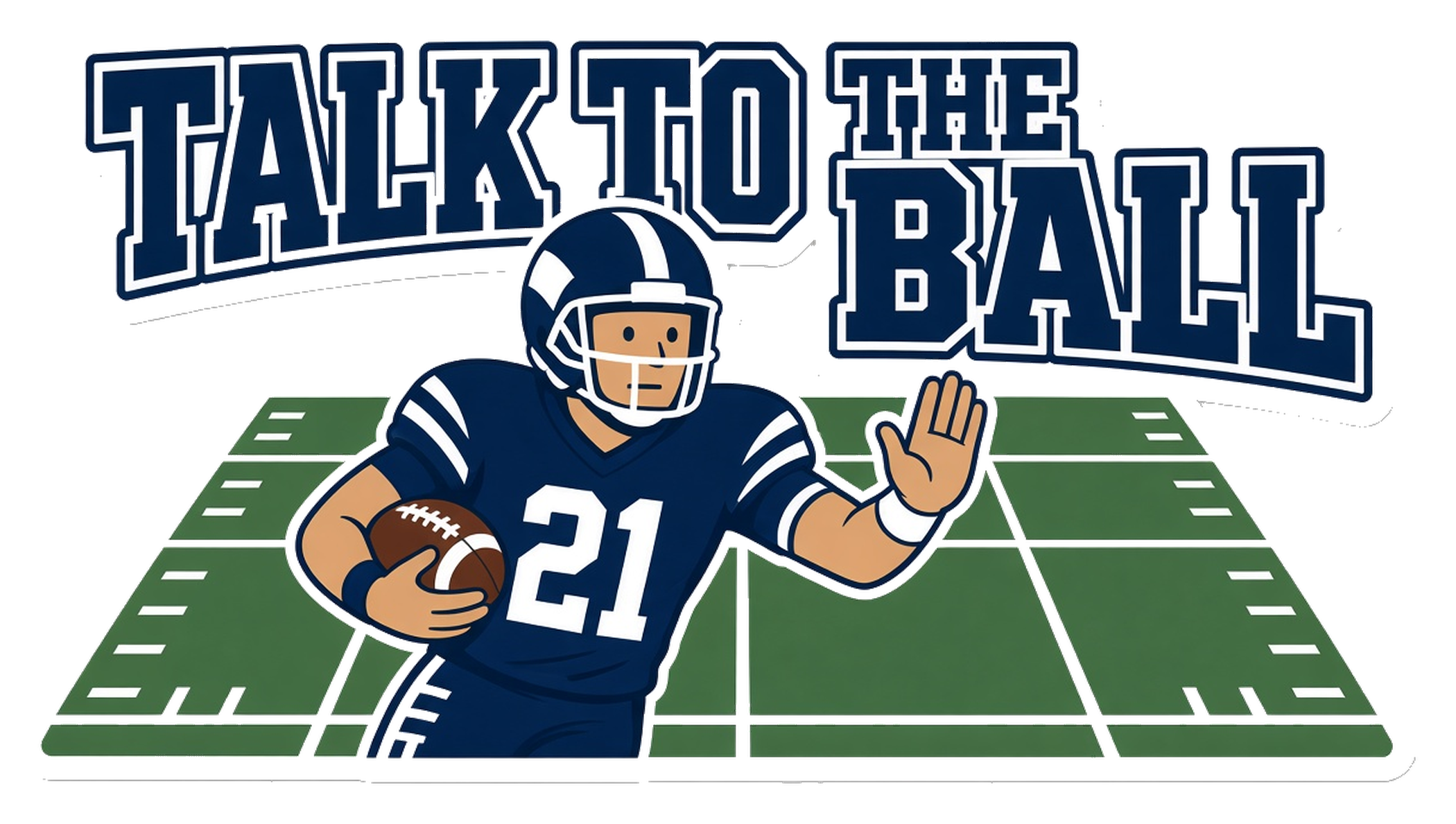 Football player on a field with palm out holding a football, varsity text talk to the ball