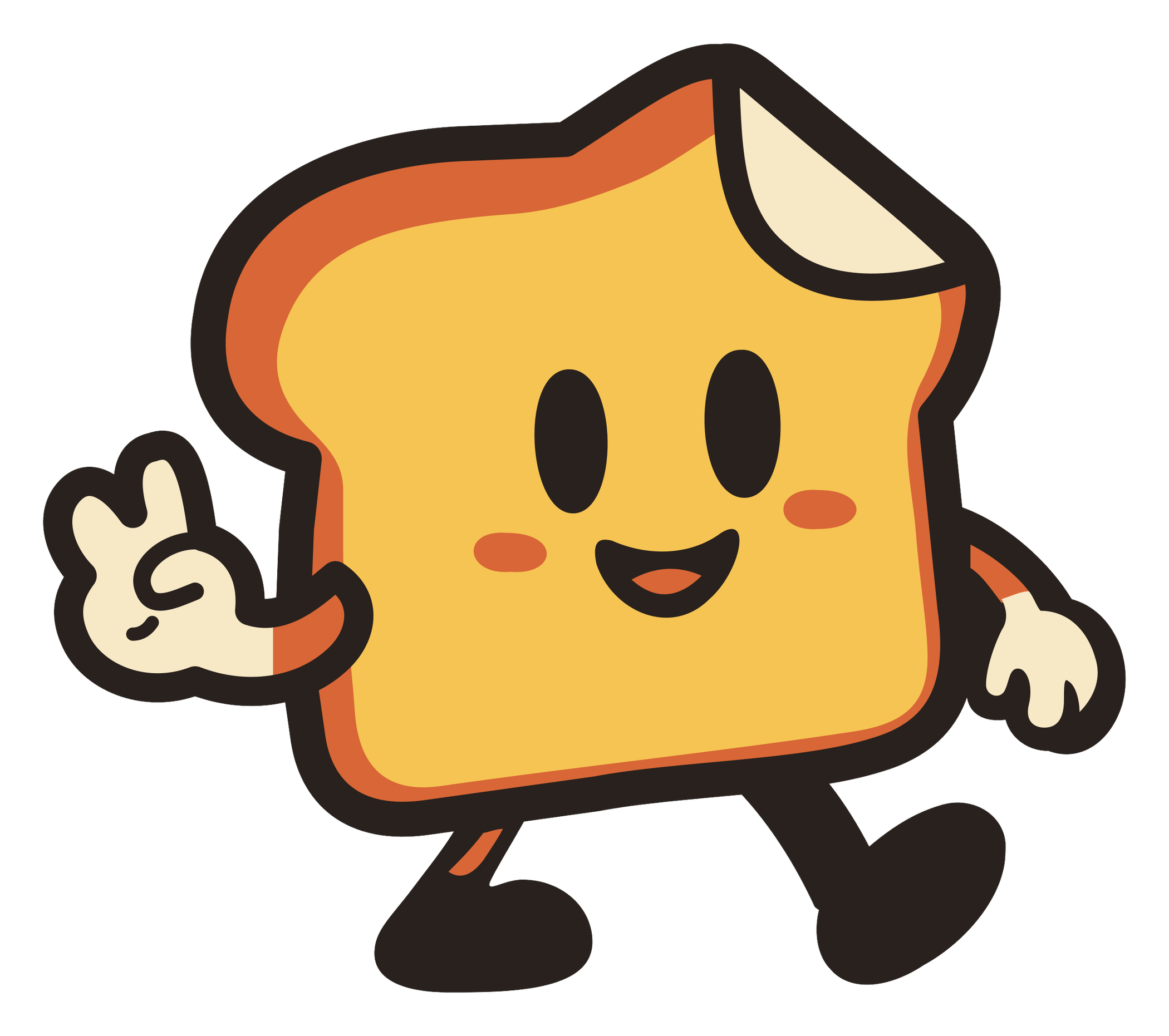 Toasty bread mascot flashing a peace sign and waving.