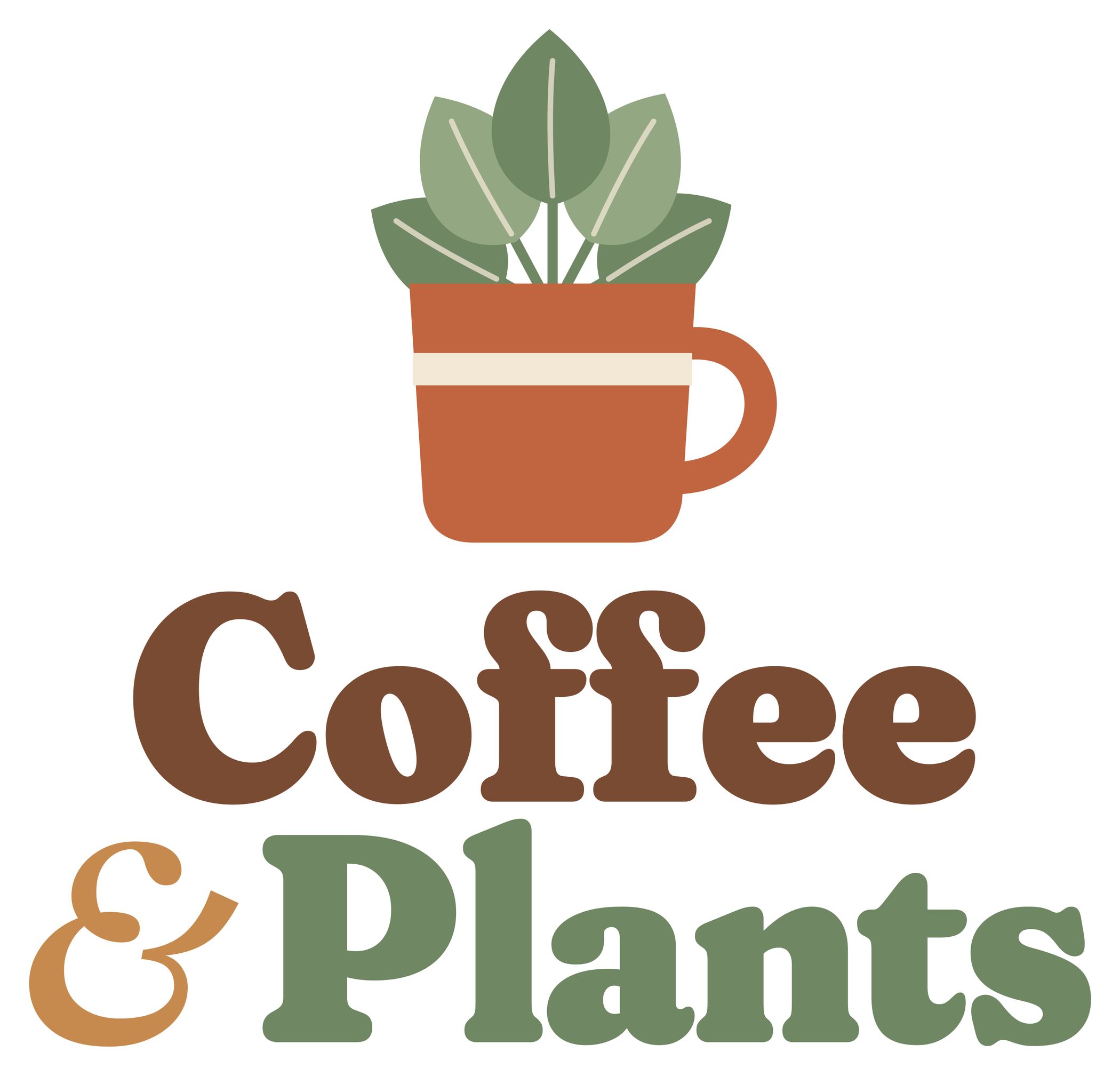 Terracotta coffee mug planted with green leaves above Coffee in brown and & Plants in sage lettering, kiss cut sticker with a white border