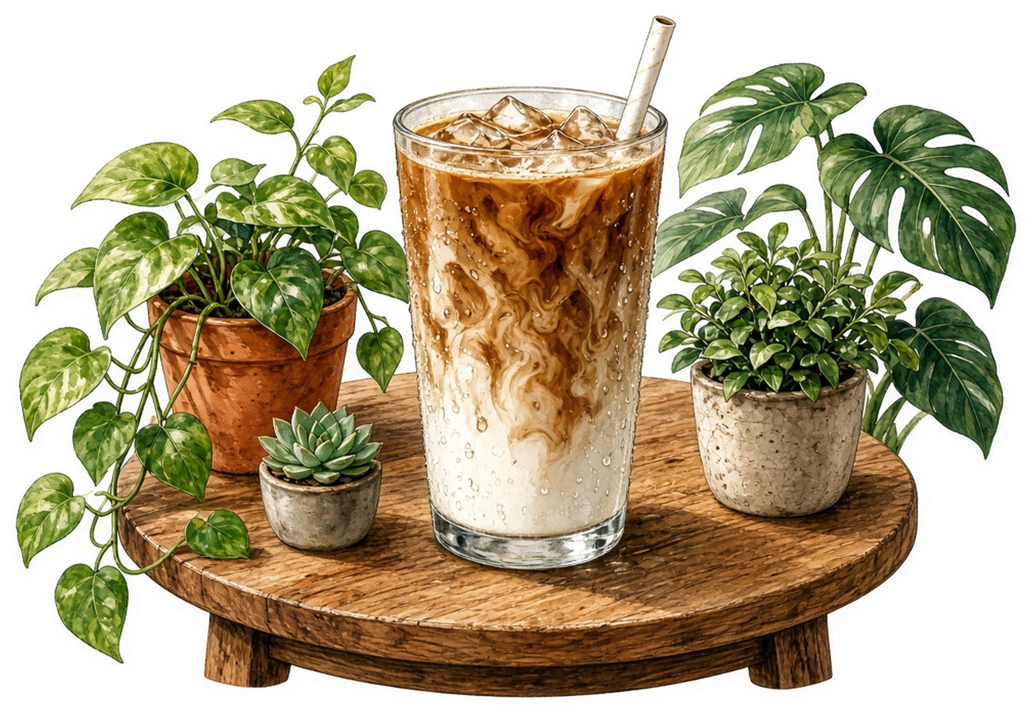 Tall iced latte with a paper straw on a round wooden side table surrounded by potted houseplants, kiss cut sticker with a white border