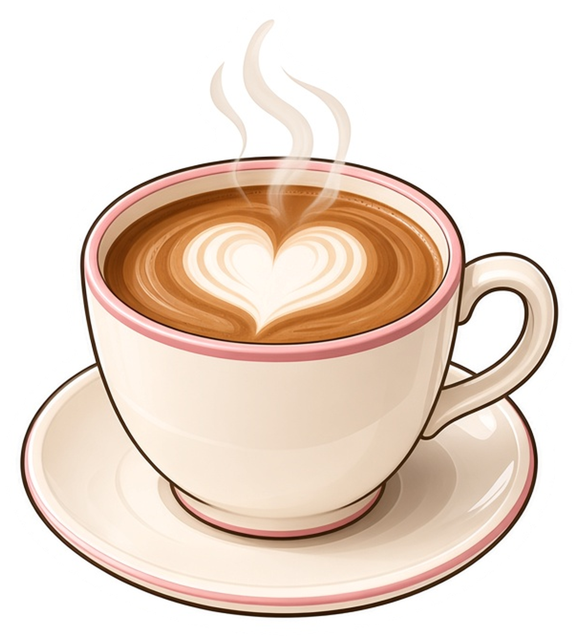 Cream cup and saucer of latte with a heart in the foam and soft white steam curling up, kiss cut sticker with a white border