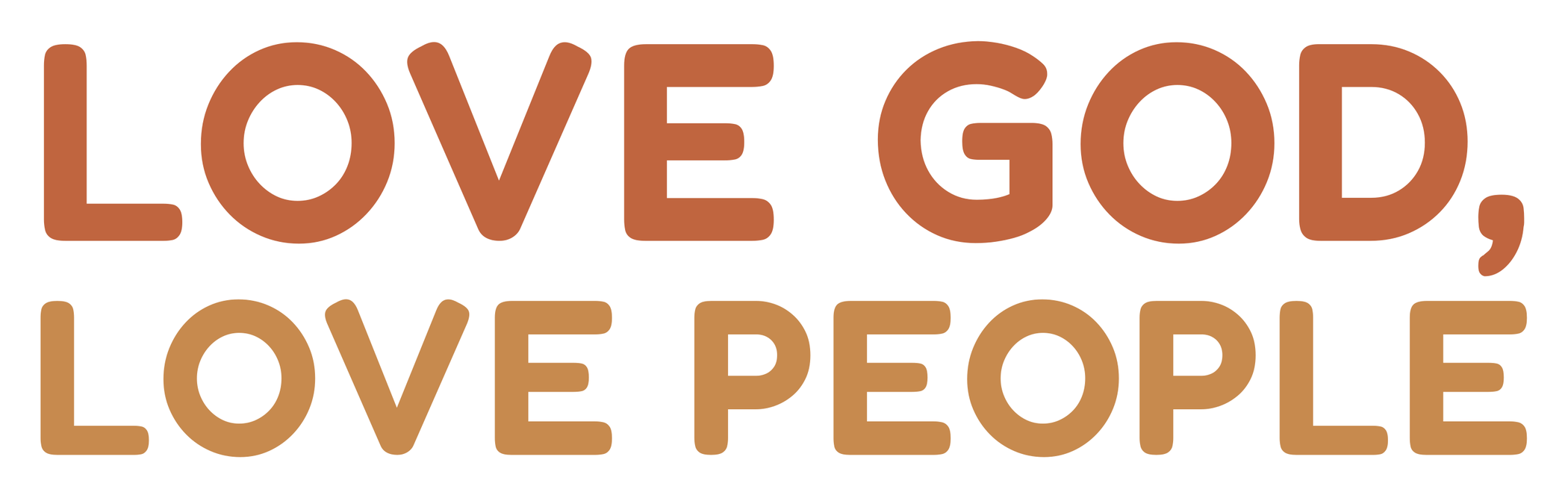 LOVE GOD, LOVE PEOPLE in bold caramel and terracotta capitals on two lines, kiss cut sticker with a white border
