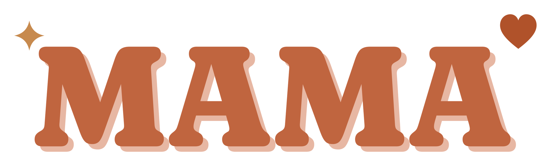 Bold retro MAMA lettering in terracotta with a caramel drop shadow and a small heart at the corner, kiss cut sticker with a white border