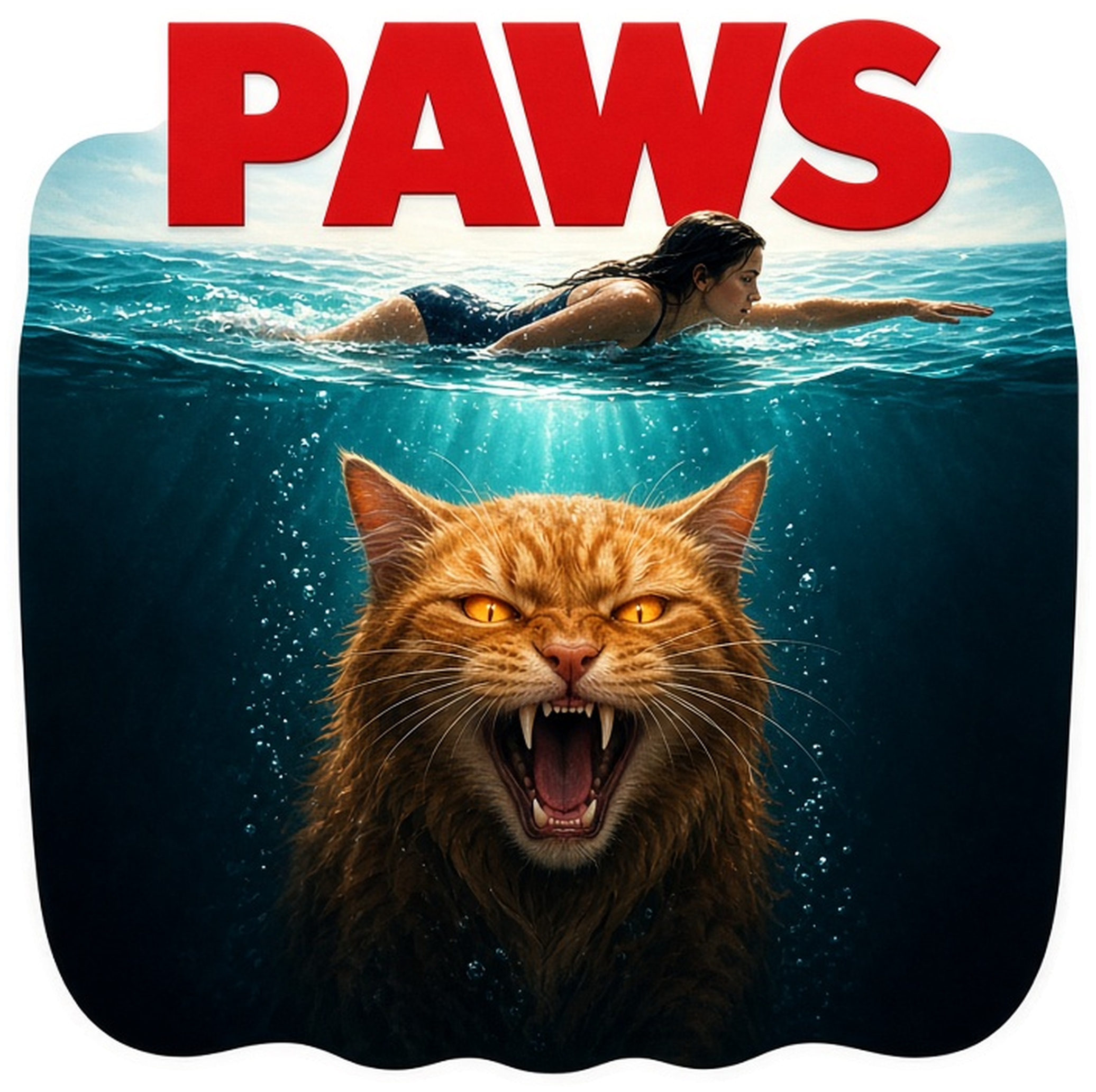 Painted movie-poster parody with a big red PAWS title over a swimmer at the ocean surface while a snarling ginger tabby cat with glowing eyes rises from the dark water below, kiss cut sticker with a white border