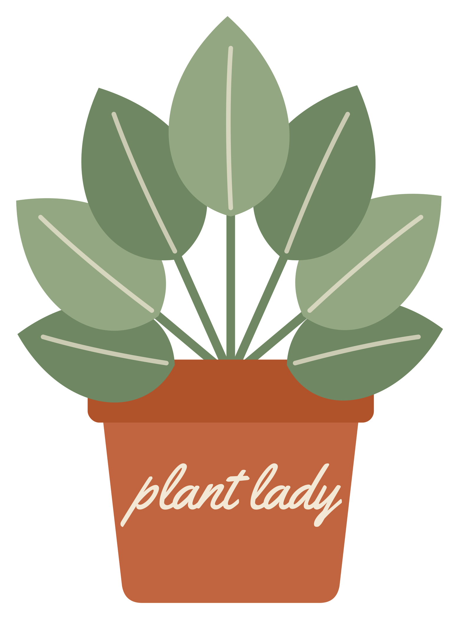 Leafy green houseplant spilling over a terracotta pot with plant lady written in white script on the pot, kiss cut sticker with a white border
